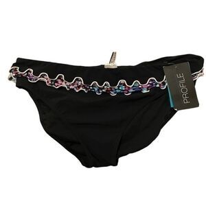Profile By Gottex Black Ruffle Bikini Bottoms Geometric Trim E453-1P94 Size 12